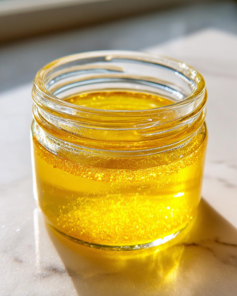 Close-up of bright yellow lemon vinaigrette salad dressing separated slightly in a small glass jar.