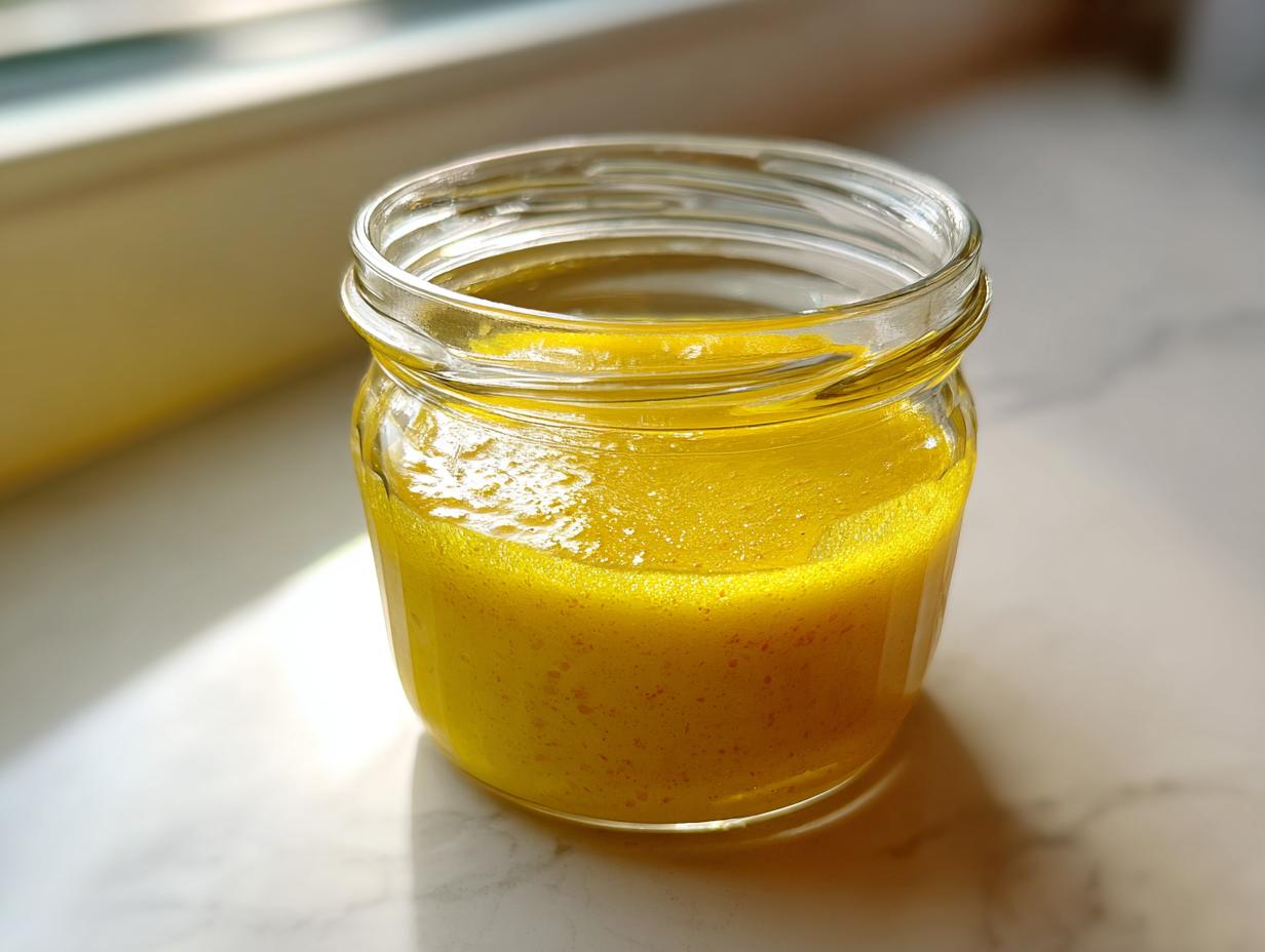 Close-up of bright yellow lemon vinaigrette salad dressing freshly mixed in a small glass jar.