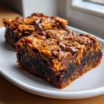 Two rich, dark brown butter ooey gooey bars with a crackly top and melted chocolate chunks, served on a white plate.