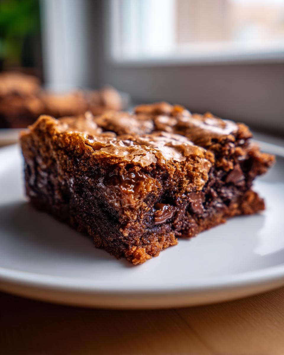 A close-up shot of a rich, fudgy square of brown butter ooey gooey bars with a crackly top.