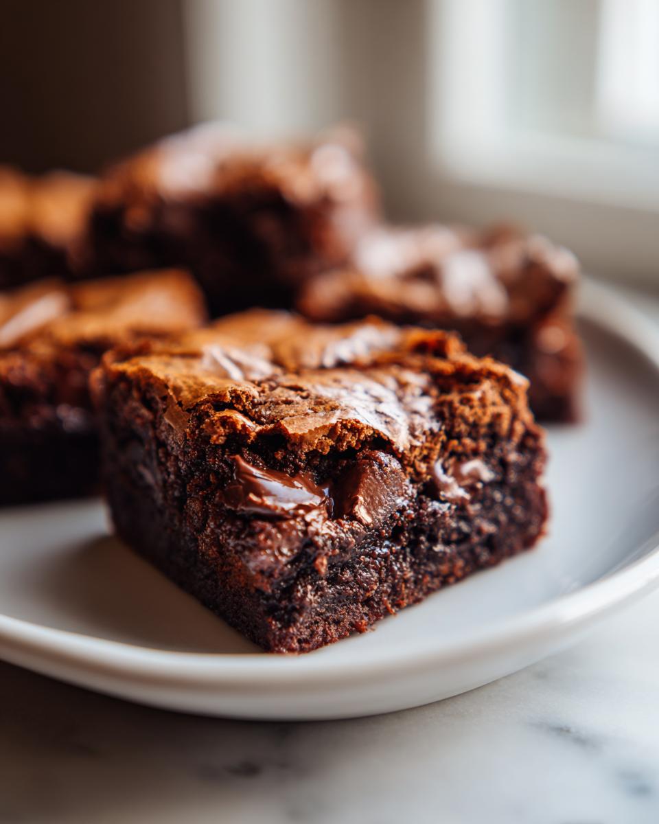 A close-up of a rich, fudgy square of brown butter ooey gooey bars showing melted chocolate chips on a white plate.