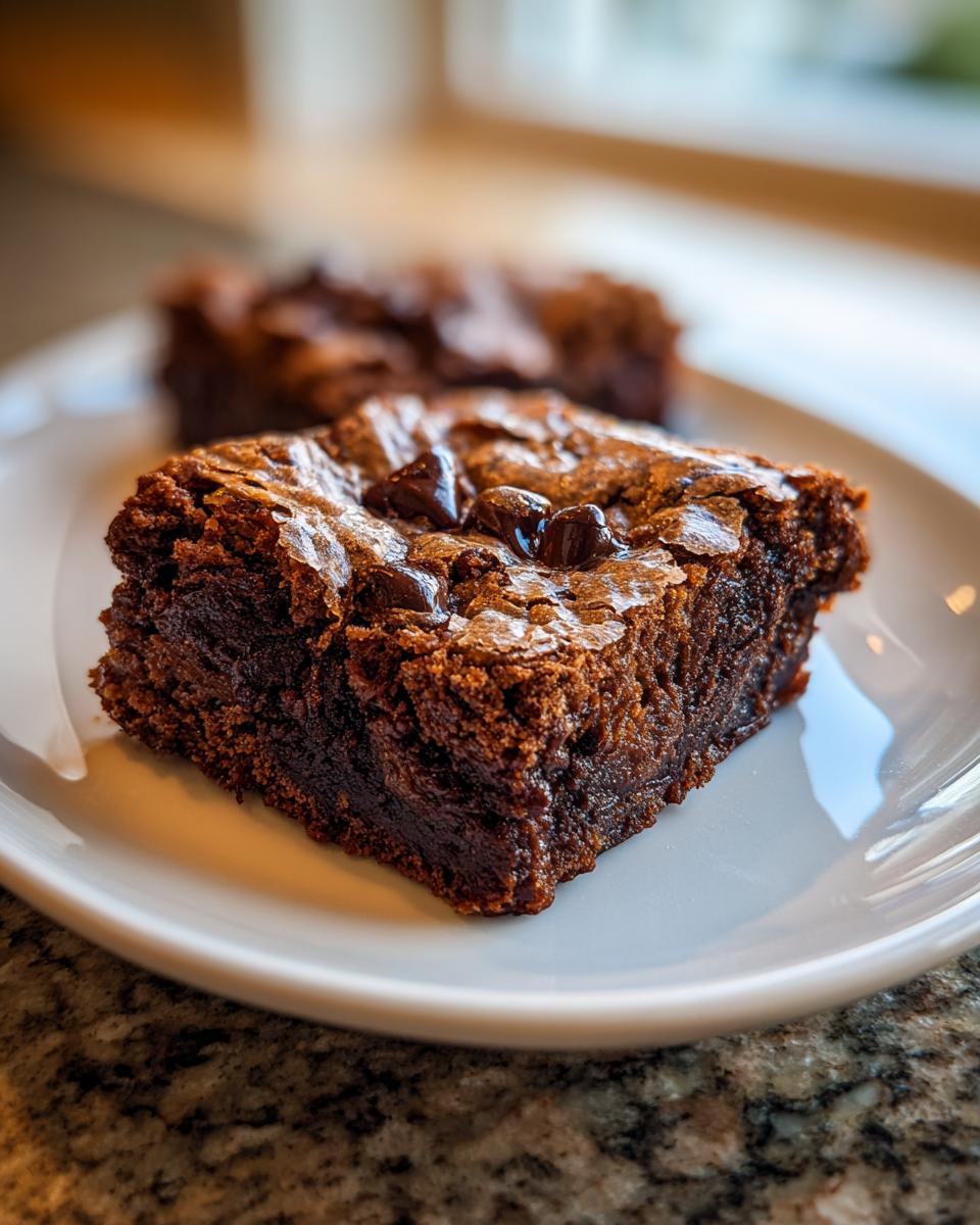 A close-up of a rich, fudgy brown butter ooey gooey bars square with a shiny, cracked top and melted chocolate chips.