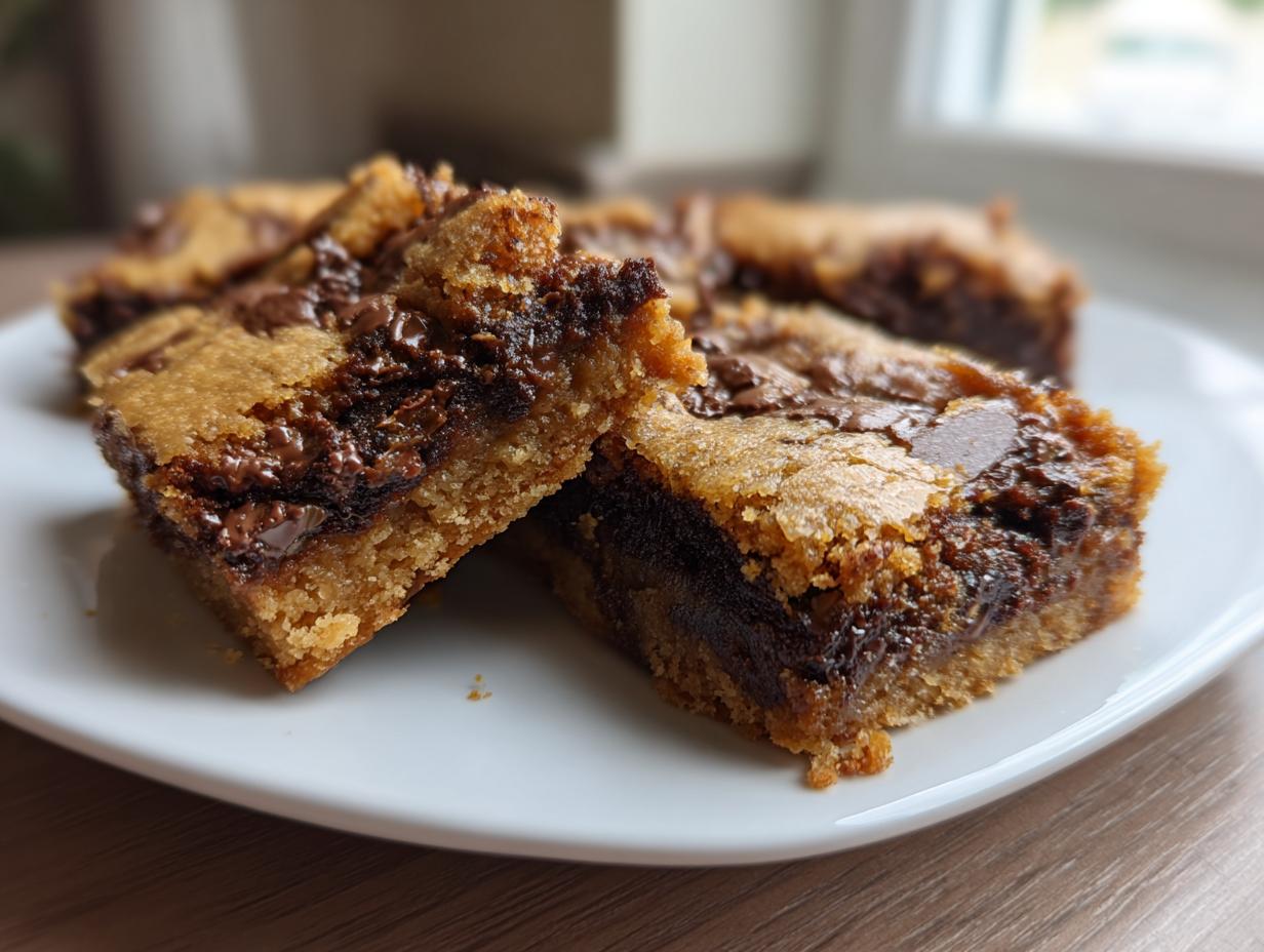 Two squares of brown butter ooey gooey bars showing a thick, melted chocolate layer and chewy texture.