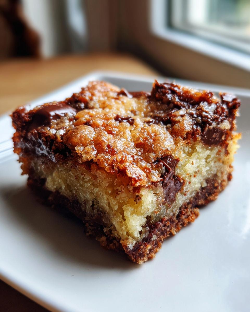 A close-up of a single, thick square of brown butter ooey gooey bars showing a gooey, caramelized top and melted chocolate chunks.