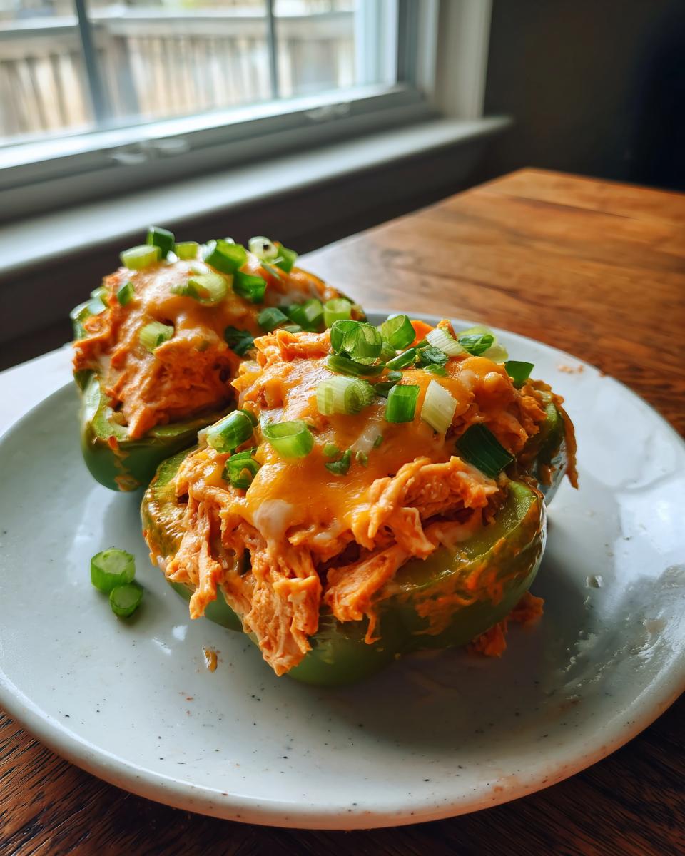 Two vibrant green buffalo chicken stuffed peppers topped with melted cheddar cheese and sliced green onions.