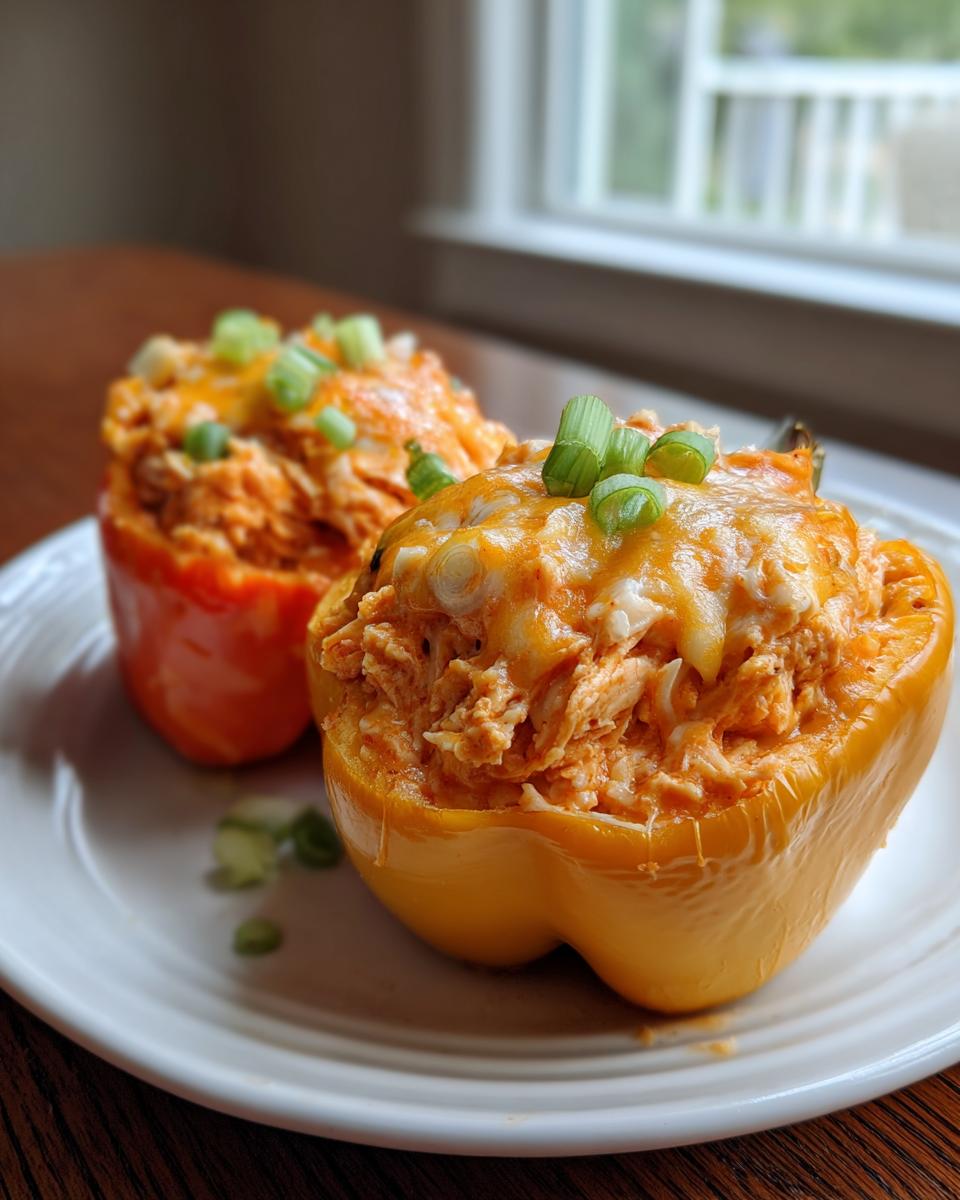 Two vibrant buffalo chicken stuffed peppers, topped with melted cheese and green onions, ready to eat.