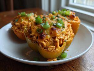 Two golden yellow buffalo chicken stuffed peppers topped with melted, slightly browned cheese and fresh green onions.