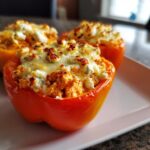 Three baked buffalo chicken stuffed peppers with cottage cheese and melted topping served on a white plate.