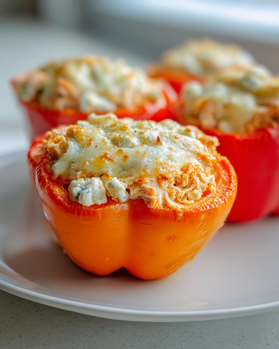 Close-up of a bright orange buffalo chicken stuffed pepper topped with melted cheese and blue cheese crumbles.