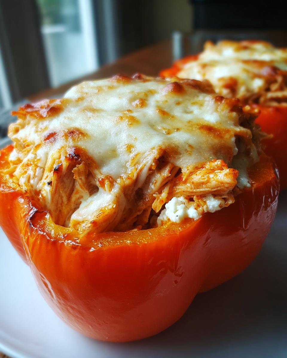 A close-up of a baked orange bell pepper filled with shredded buffalo chicken and cottage cheese, topped with melted, browned mozzarella.