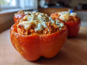 Close-up of a baked orange buffalo chicken stuffed pepper topped with melted cheese and blue cheese crumbles.