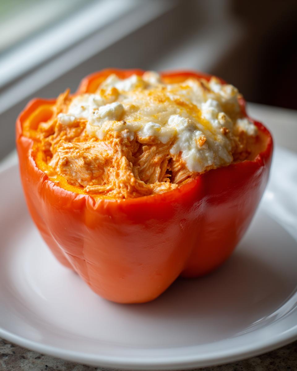 Close-up of a bright orange bell pepper stuffed with buffalo chicken mixture and topped with melted cottage cheese.