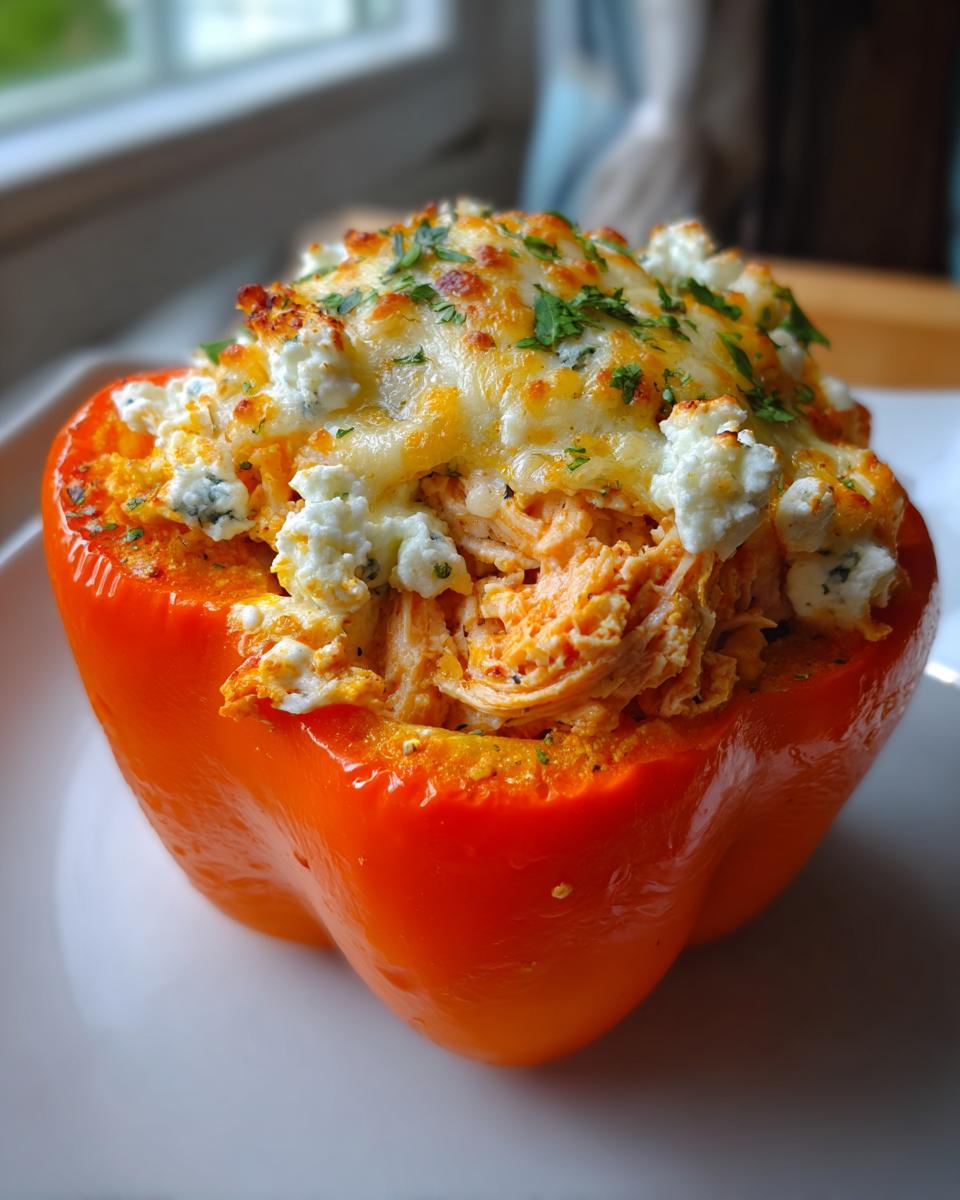 Close-up of a bright orange bell pepper stuffed with shredded buffalo chicken and topped with melted cheese and cottage cheese.