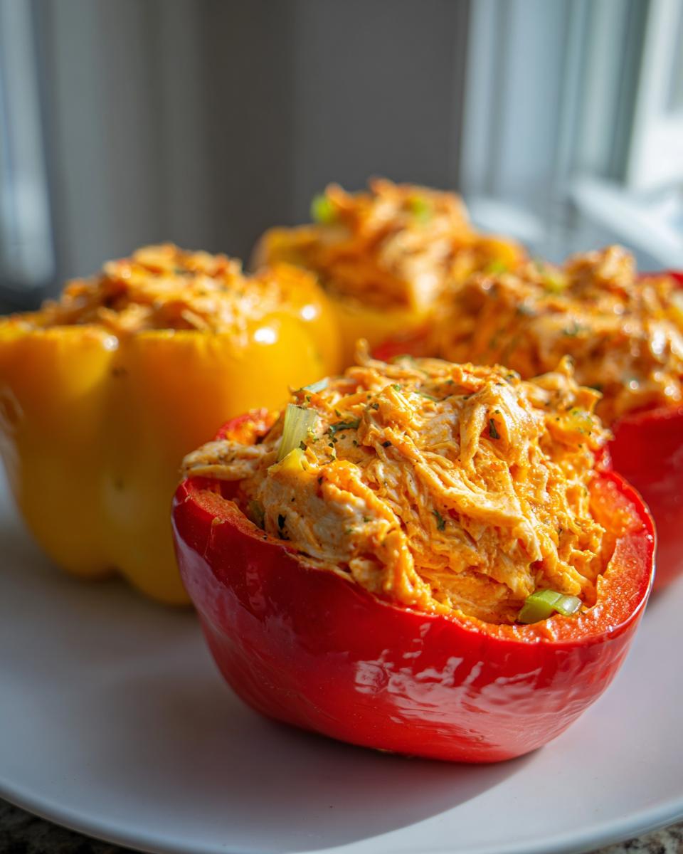 Close-up of a red bell pepper half stuffed with creamy, orange buffalo chicken filling, part of a batch of buffalo chicken stuffed peppers high protein.