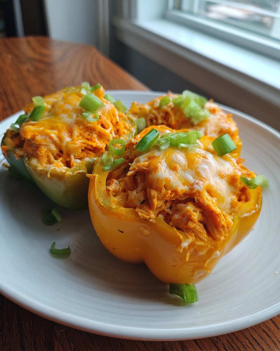 Three baked buffalo chicken stuffed peppers topped with melted cheese and fresh green onions.