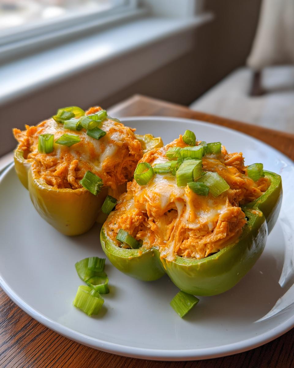 Two halves of green bell peppers filled with orange buffalo chicken mixture, topped with melted cheese and chopped green onions, served on a white plate.