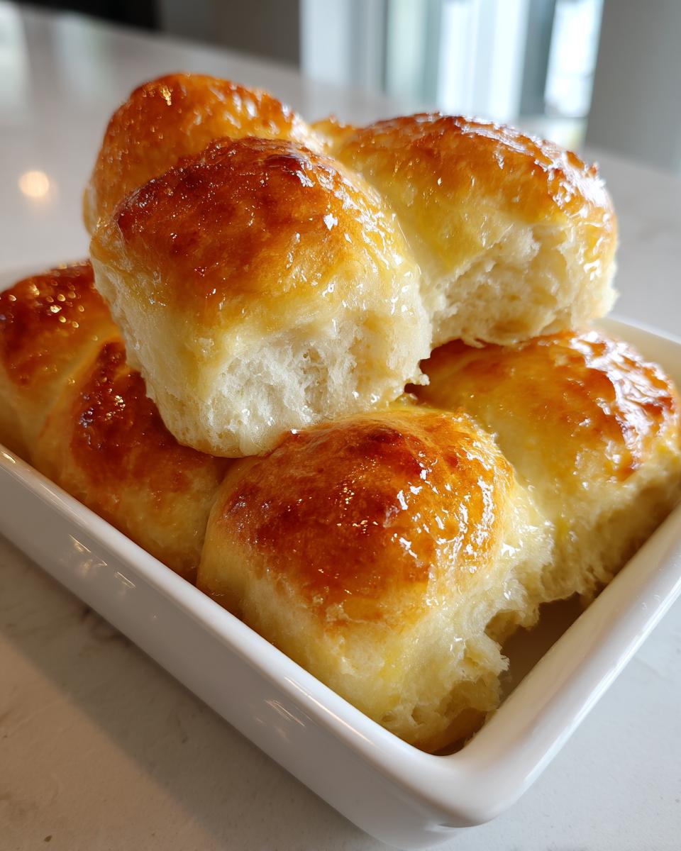 Close-up of fluffy, golden-brown dinner rolls brushed with butter, stacked in a small white baking dish.