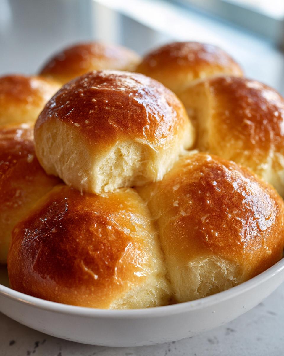 A close-up of several golden brown, shiny, buttery dinner rolls piled high in a white serving bowl.