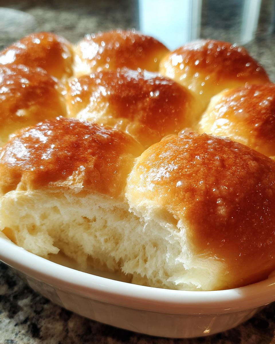 A close-up view of freshly baked, buttery dinner rolls with a shiny, golden-brown glaze, showing a soft interior.