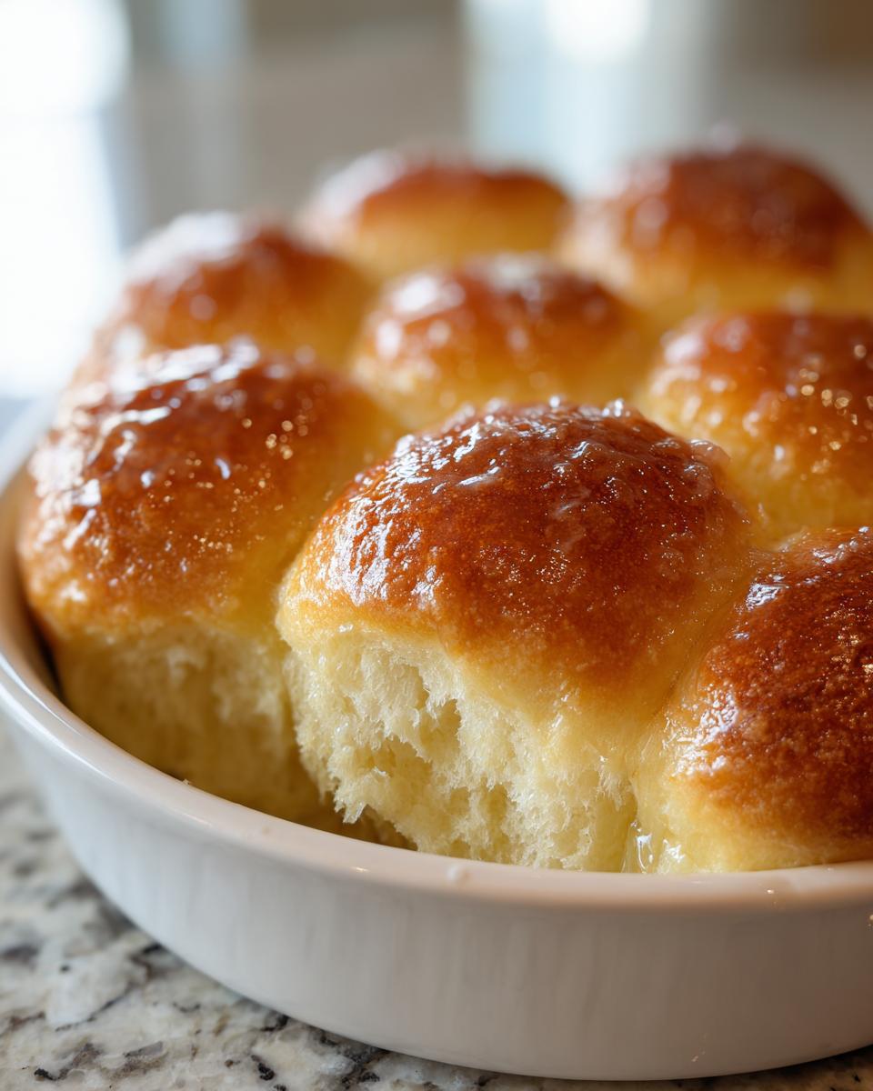 A close-up of freshly baked, golden-brown, buttery dinner rolls glistening with glaze in a white baking dish.