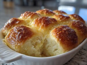 Close-up of golden brown, fluffy dinner rolls drenched in melted butter in a white baking dish.