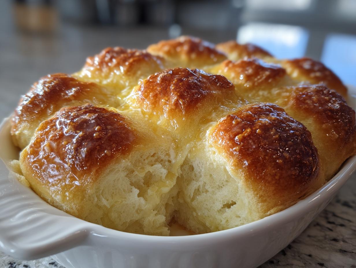 Close-up of golden brown, fluffy dinner rolls drenched in melted butter in a white baking dish.