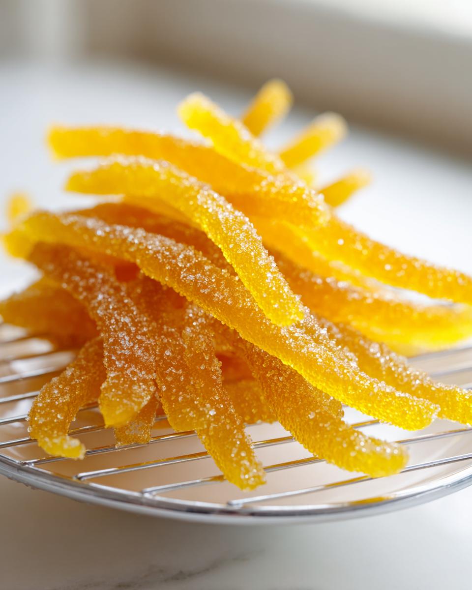 Close-up of bright yellow candied lemon peel strips coated in sugar, resting on a small wire cooling rack.