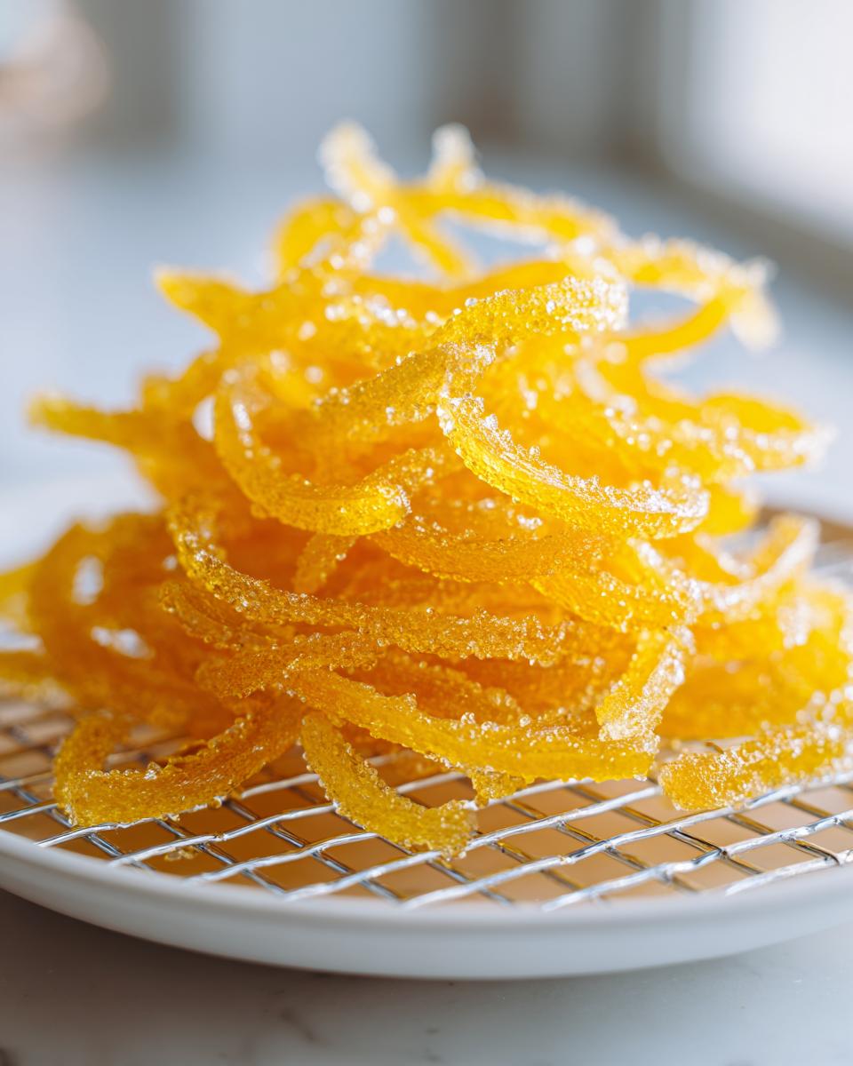 Close-up of bright yellow candied lemon peel piled high and coated in sugar, resting on a small wire cooling rack.