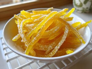 Close-up of bright yellow candied lemon peel strips coated in sugar, served in a white bowl.