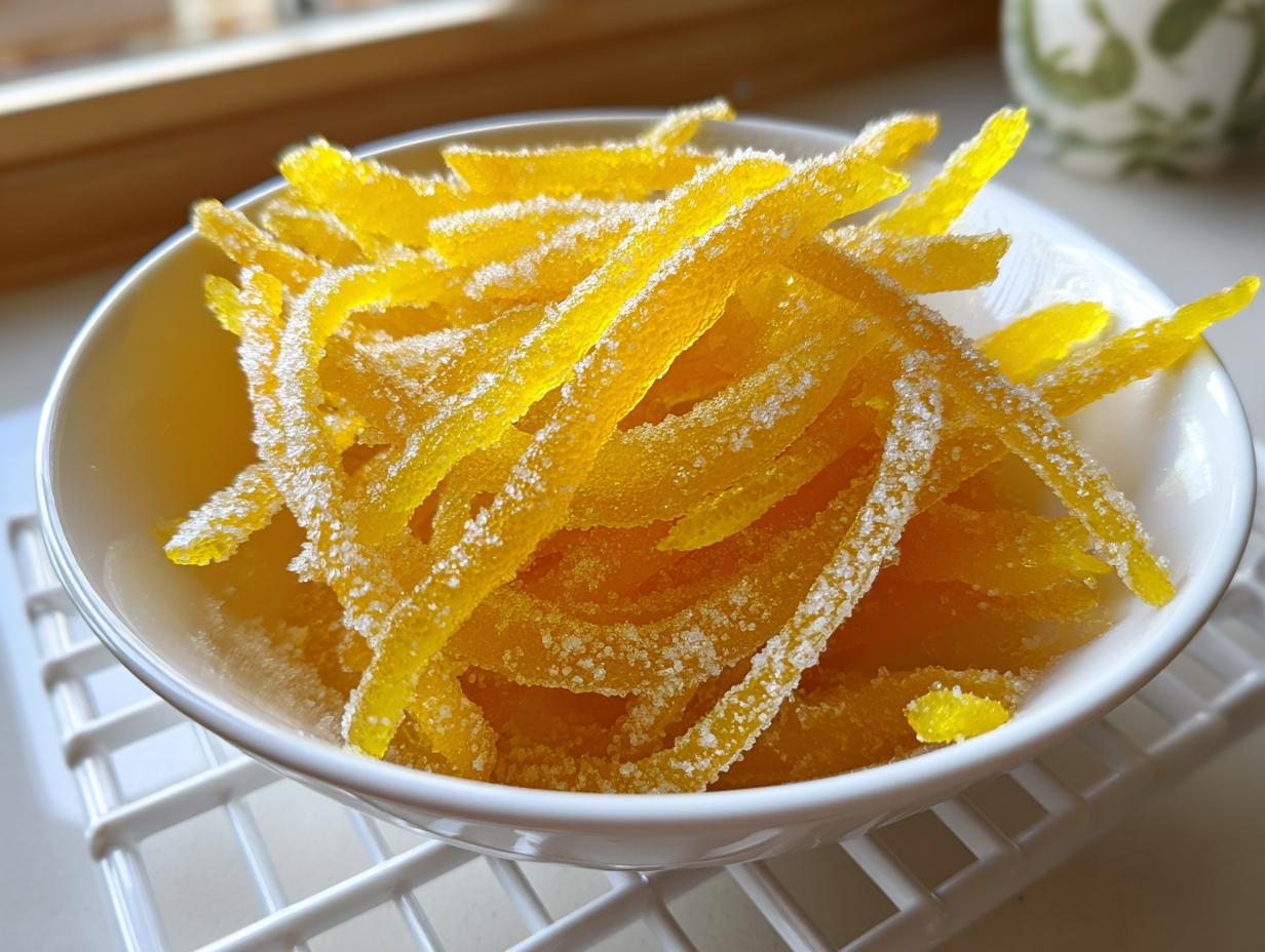 Close-up of bright yellow candied lemon peel strips coated in sugar, served in a white bowl.
