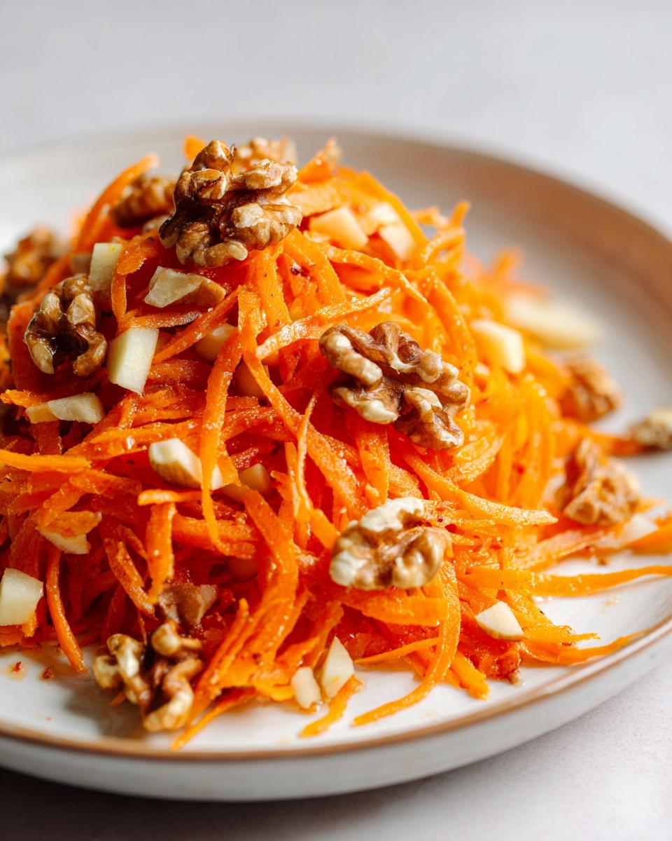 Close-up of vibrant orange shredded carrots mixed with small apple pieces and topped generously with whole walnuts in a carrot apple walnut salad.