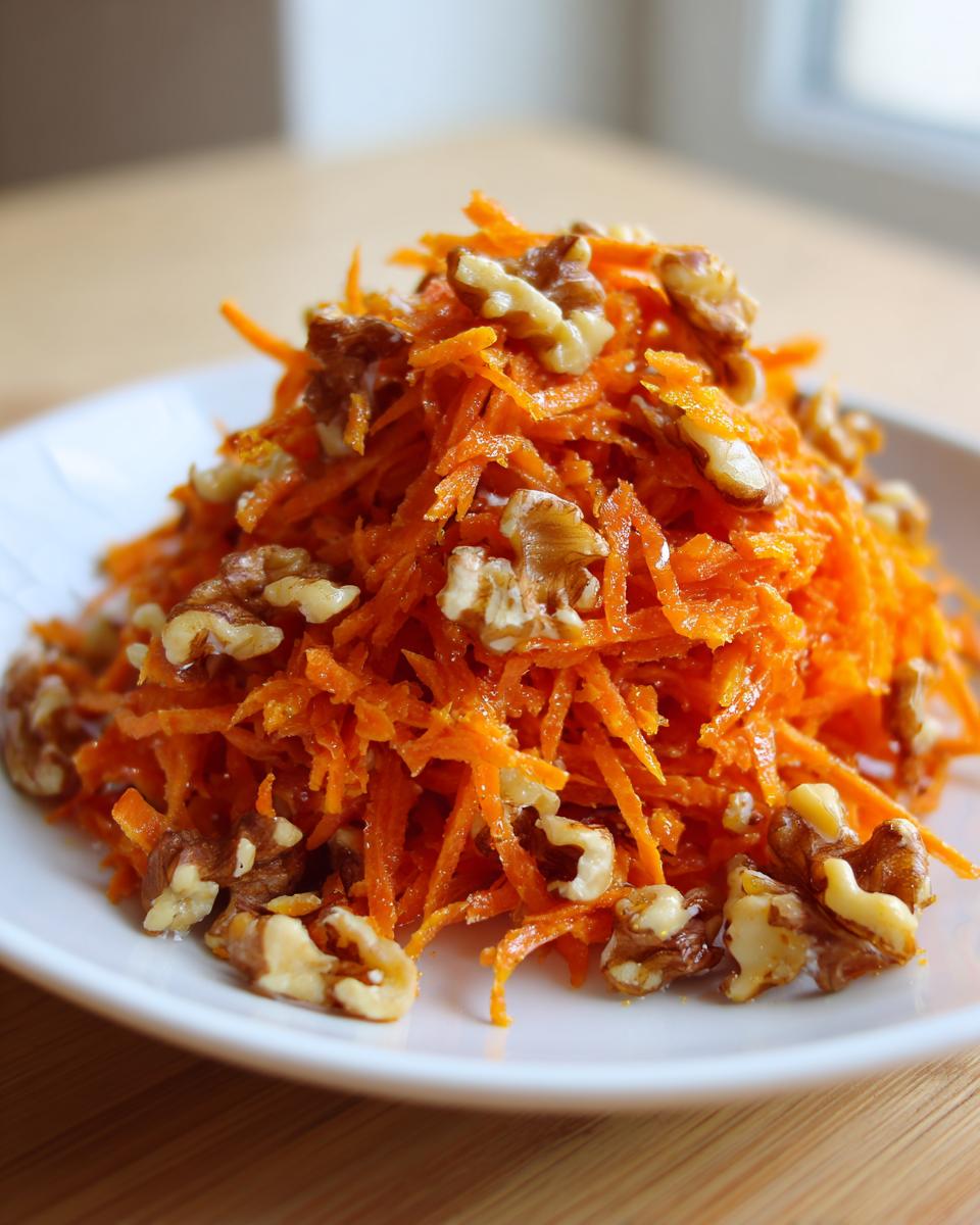A mound of shredded carrots topped with whole walnuts, representing a fresh carrot apple walnut salad.
