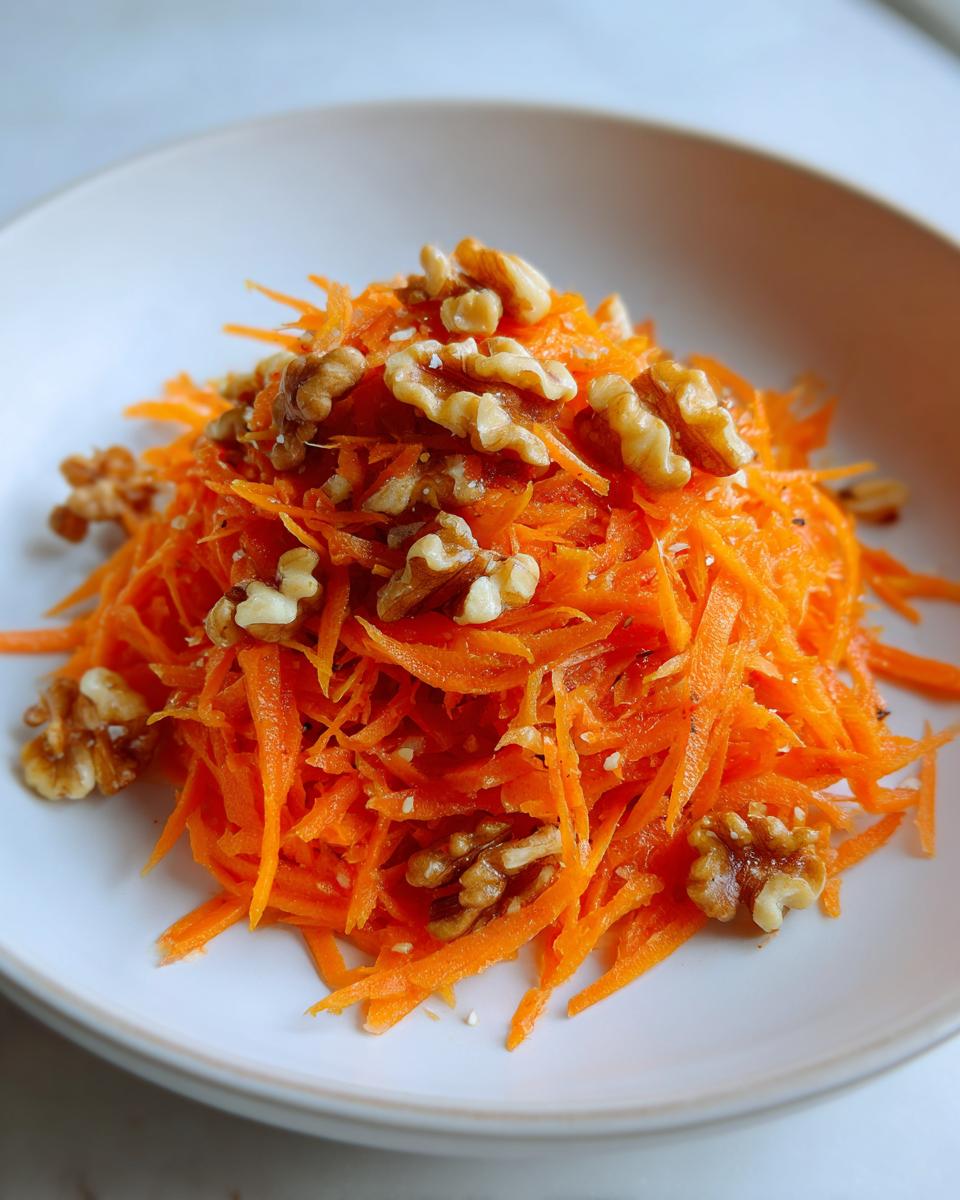 A vibrant mound of shredded carrot apple walnut salad topped generously with whole walnuts on a white plate.