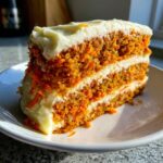 Close-up of a moist slice of carrot cake recipe, featuring two layers of orange cake and thick cream cheese frosting.