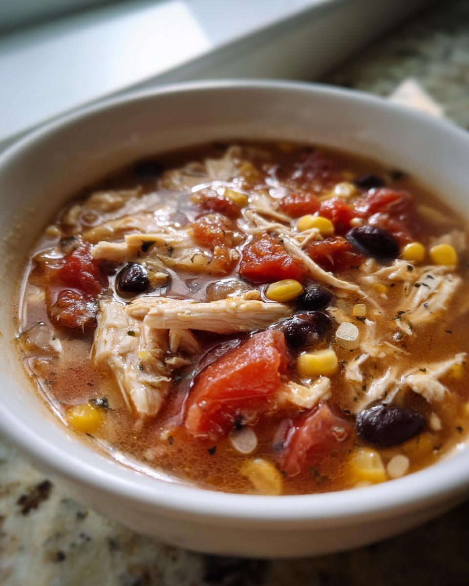 A close-up view of a hearty bowl of chicken taco soup, featuring shredded chicken, diced tomatoes, black beans, and corn in a savory broth.