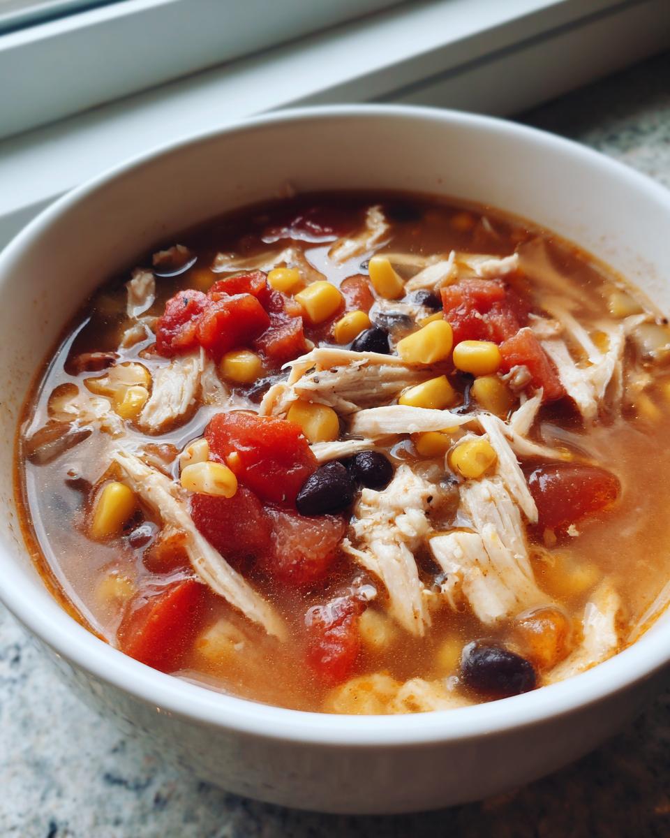 A close-up view of a steaming bowl of chicken taco soup filled with shredded chicken, corn, black beans, and diced tomatoes.