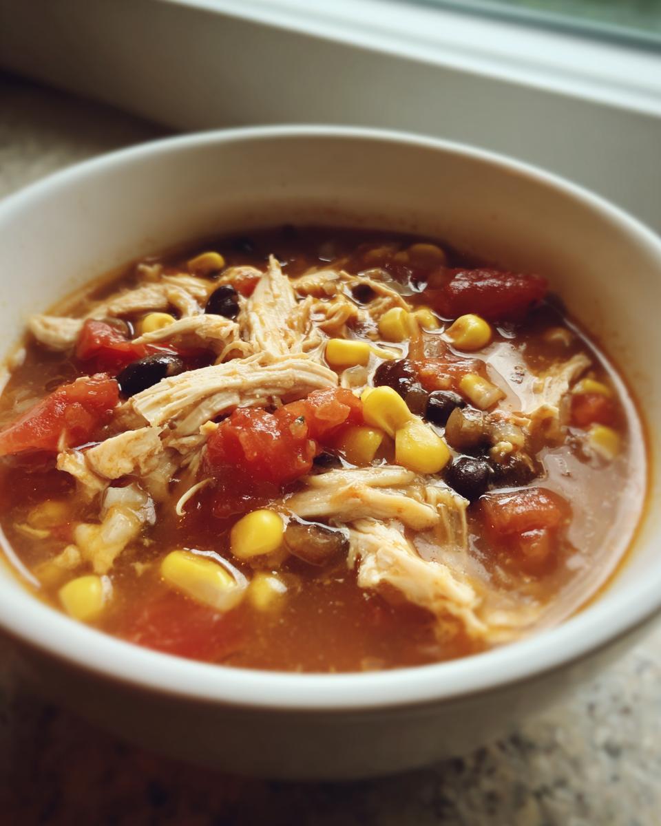 Close-up of a white bowl filled with steaming chicken taco soup, featuring shredded chicken, black beans, corn, and diced tomatoes.