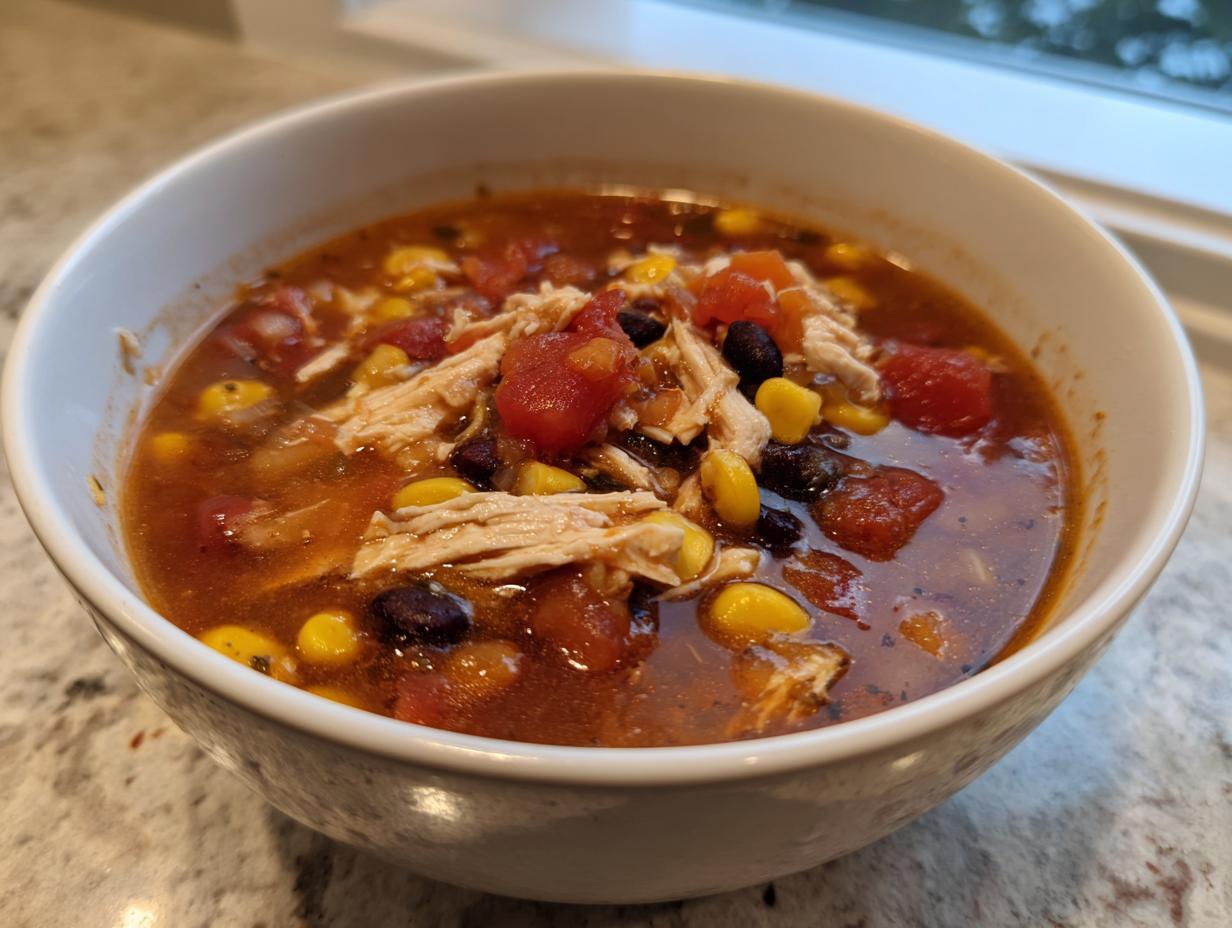 A close-up of a white bowl filled with rich, tomato-based chicken taco soup featuring shredded chicken, corn, and black beans.