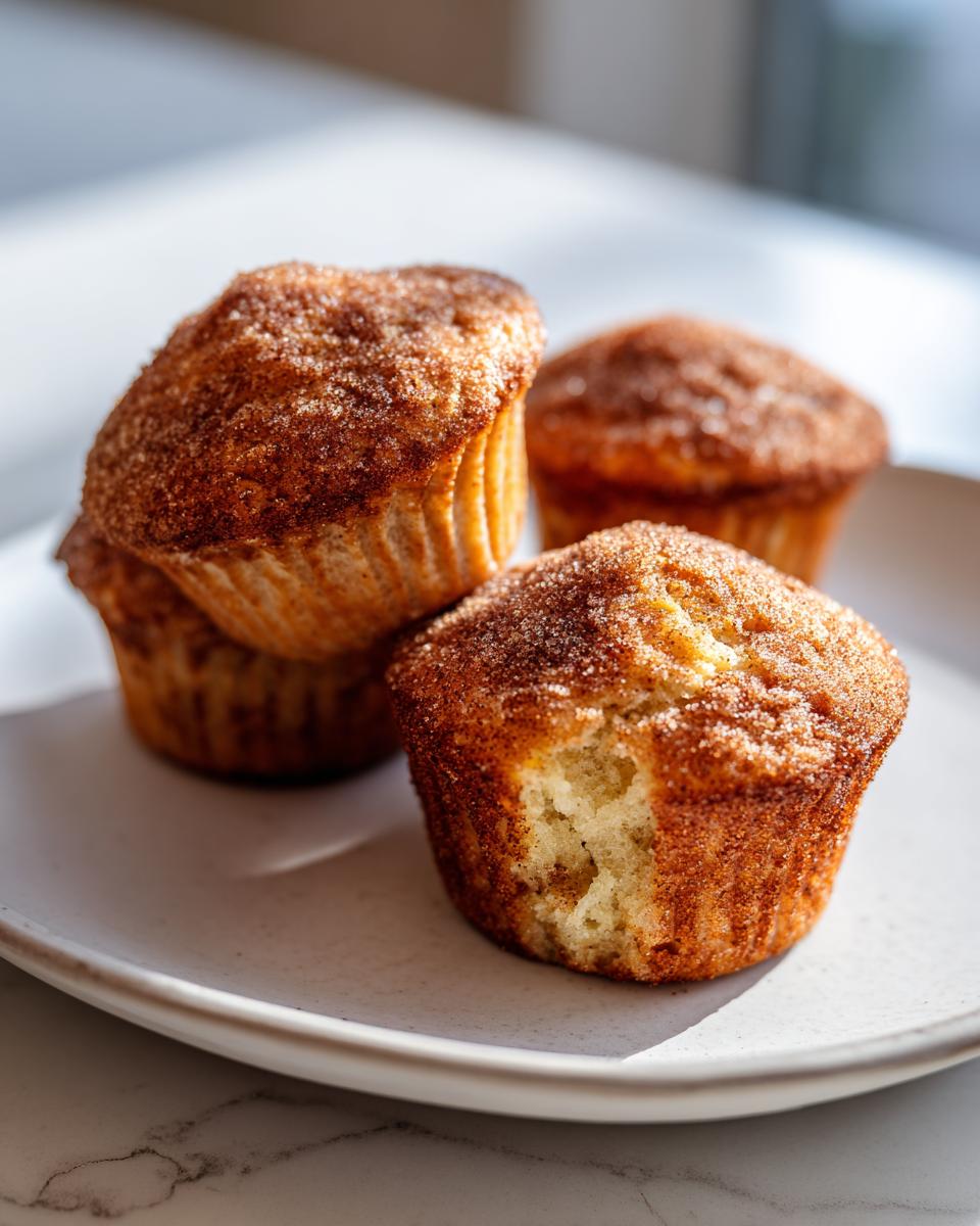 Close-up of several greek yogurt apple muffins topped with cinnamon sugar, one muffin has a bite taken out.