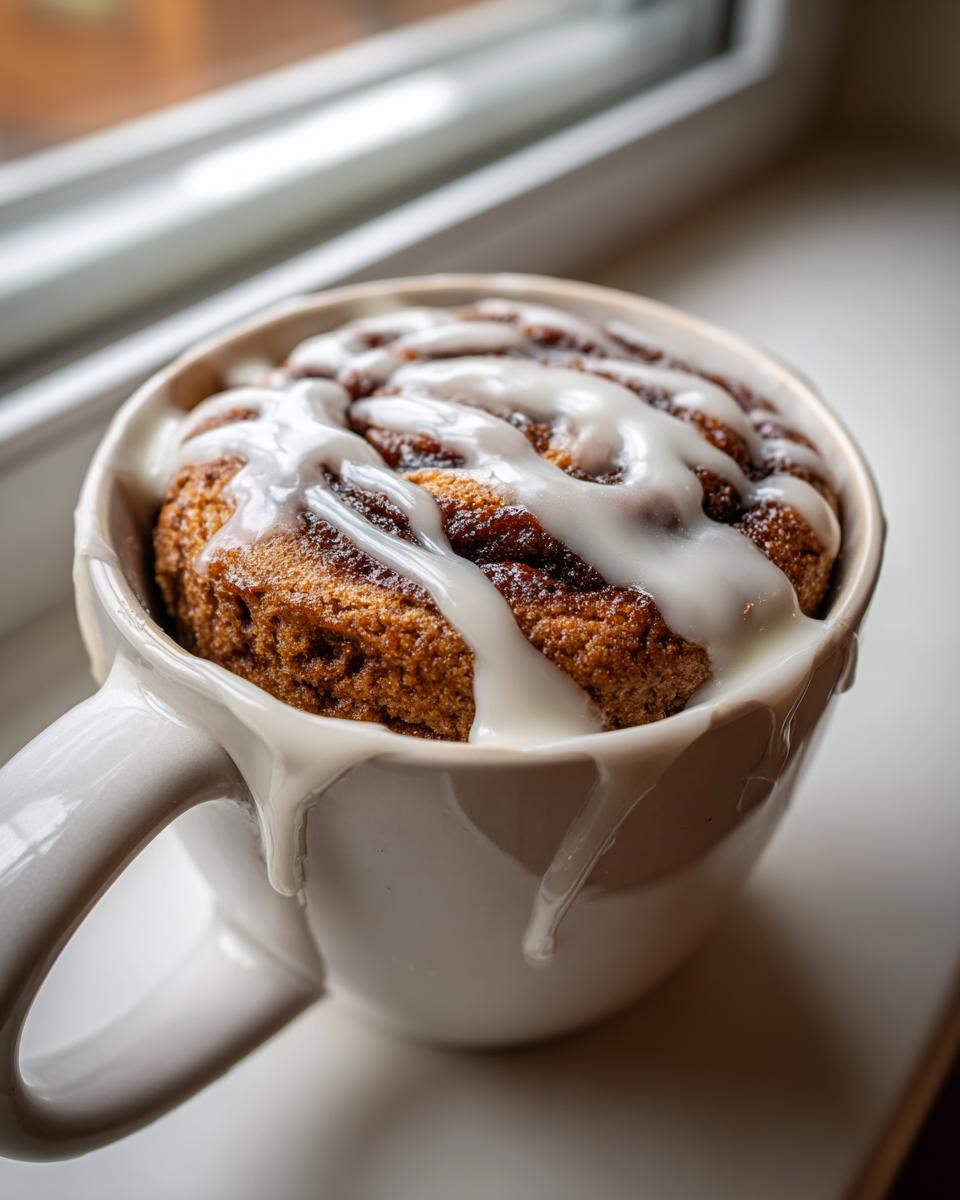 Close-up of a warm cinnamon mug cake topped with dripping white icing, served in a white mug.