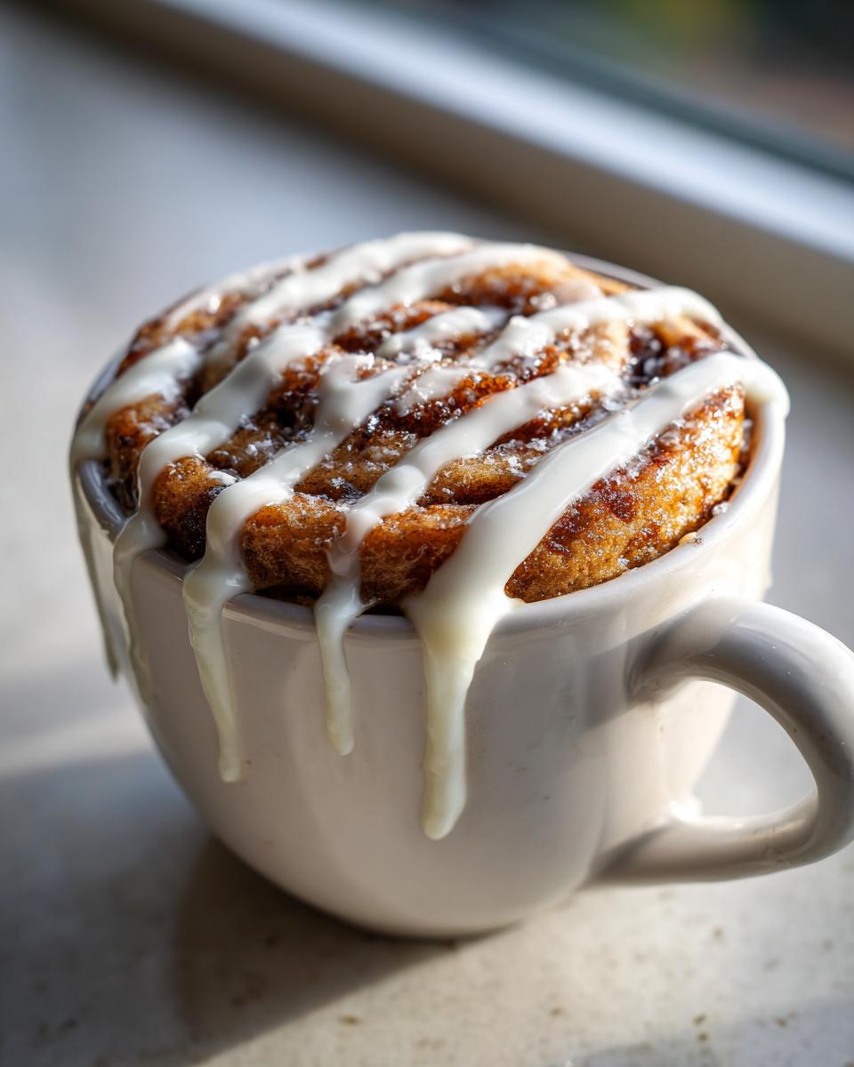 Close-up of a delicious cinnamon mug cake topped with thick white icing dripping down the sides of the white mug.
