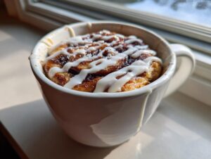 A freshly baked cinnamon mug cake topped with white icing, sitting in a white mug near a window.