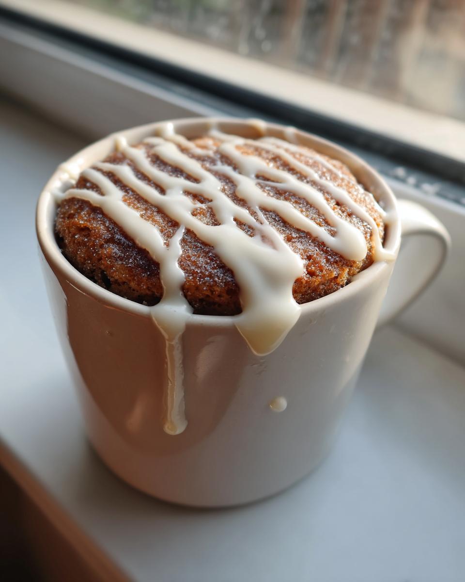 A freshly baked cinnamon mug cake topped with a white vanilla glaze drizzle, sitting on a windowsill.