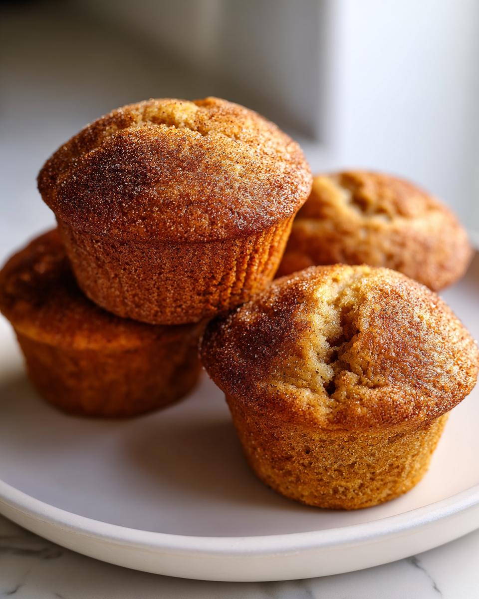 A stack of four golden brown greek yogurt apple muffins topped with cinnamon sugar.