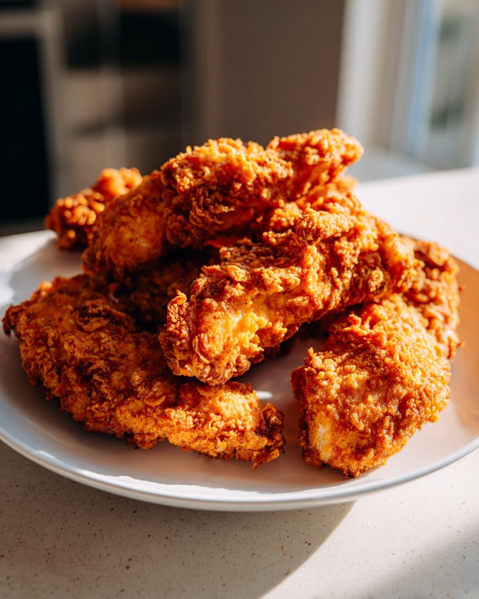 A close-up of several golden-brown, crispy Cracker Barrel chicken tenders piled on a white plate.