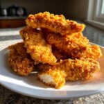 A pile of crispy, golden brown Cracker Barrel Chicken Tenders stacked high on a white plate, one is broken open showing white meat.