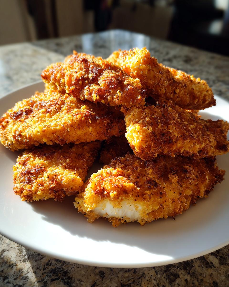 A pile of crispy, golden-brown cracker barrel chicken tenders stacked on a white plate, showing the white interior of one tender.