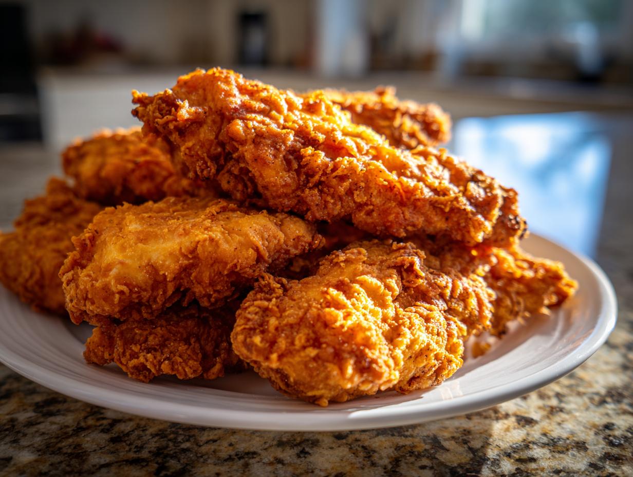 A close-up of a pile of crispy, golden-brown Cracker Barrel Chicken Tenders stacked on a white plate.