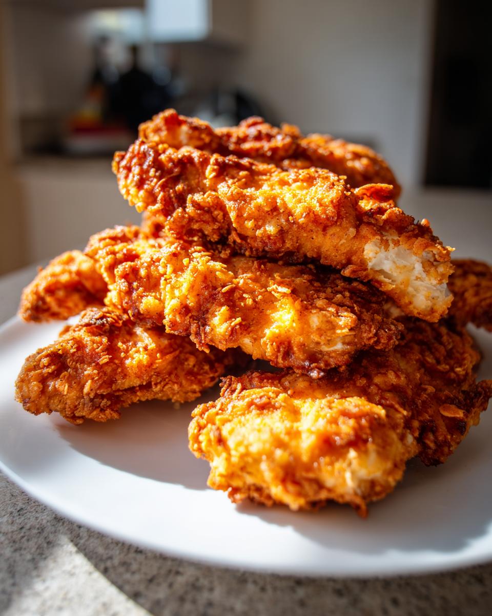 A close-up stack of crispy, golden brown Cracker Barrel Chicken Tenders piled high on a white plate.