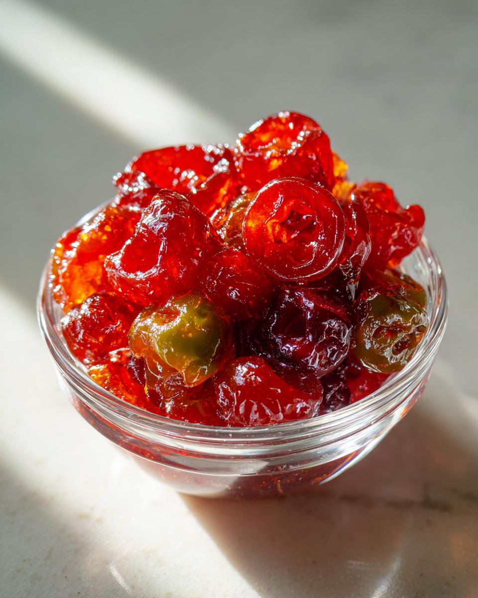 Close-up of glistening, jewel-toned cranberry jalapeño cowboy candy in a small glass bowl.